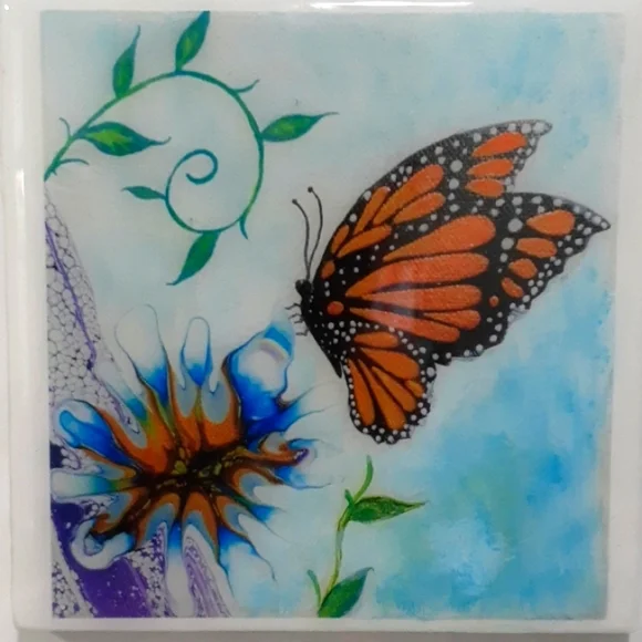 Hand Crafted Framed Butterfly Coaster Ceramic Tile Resin Fluid Wall Art Painting